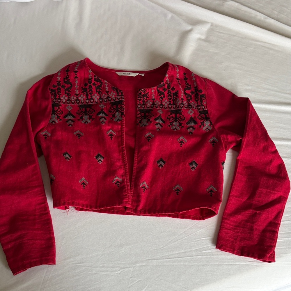 Red Embroidered boho Cropped Jacket